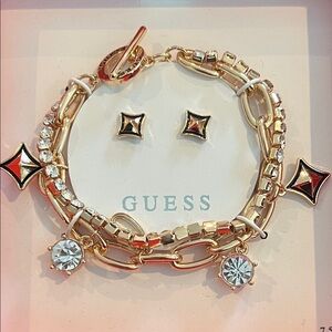 GUESS Gold Tone Stacked Charm Bracelet with Crystal Accents